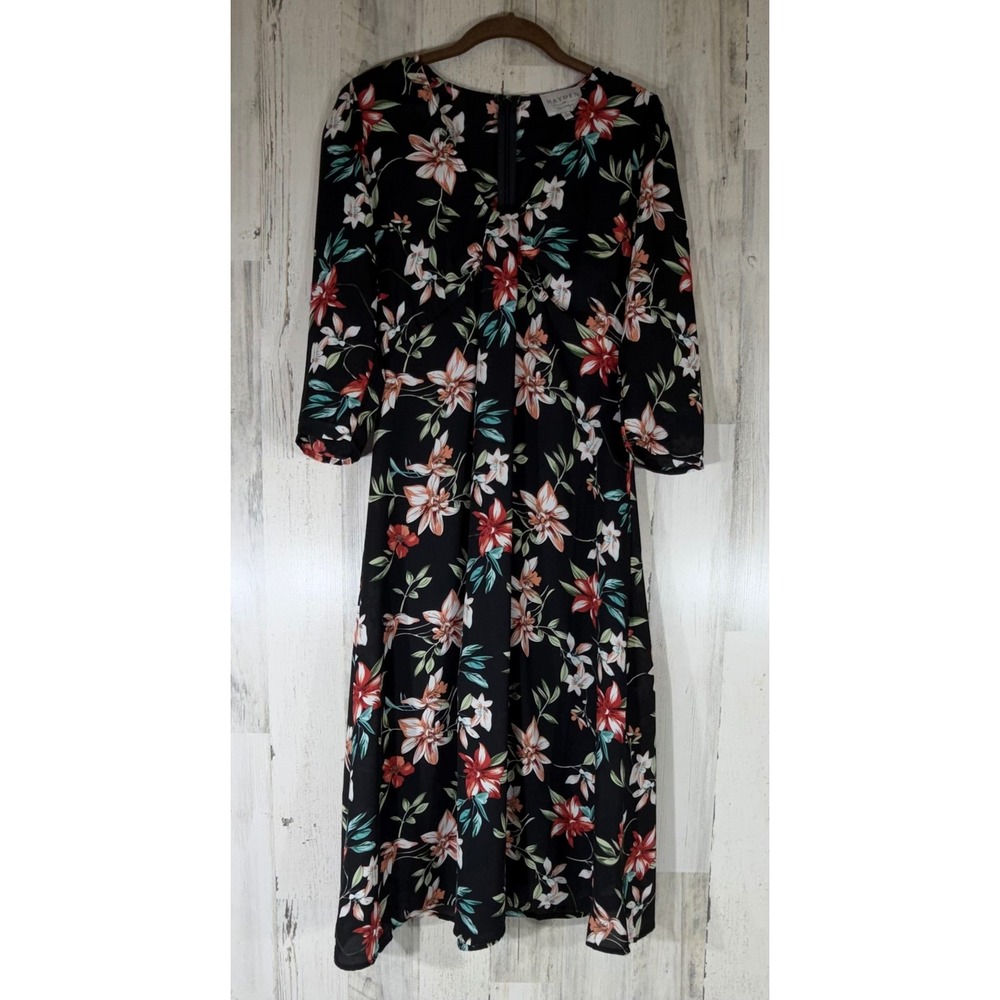 Hayden Los Angeles Midi Dress Small Black Red Floral Semi Sheer 3/4 Sleeve